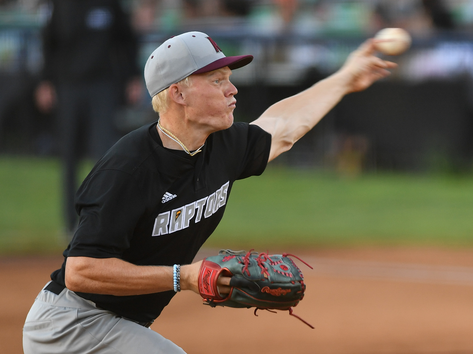 Ridgefield's Carson Revay (22) pitches Thursday, July 18, 2024, during the Raptors’ 5-2 win against the Portland Pickles at Walker Stadium in Portland.