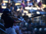 Ridgefield's Justin Stransky (6) swings the bat Thursday, July 18, 2024, during the Raptors’ 5-2 win against the Portland Pickles at Walker Stadium in Portland.