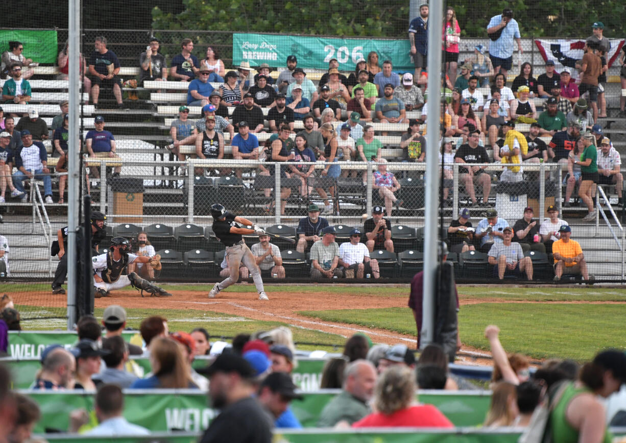 Ridgefield's Taylor Takata bats Thursday, July 18, 2024, during the Raptors’ 5-2 win against the Portland Pickles at Walker Stadium in Portland.