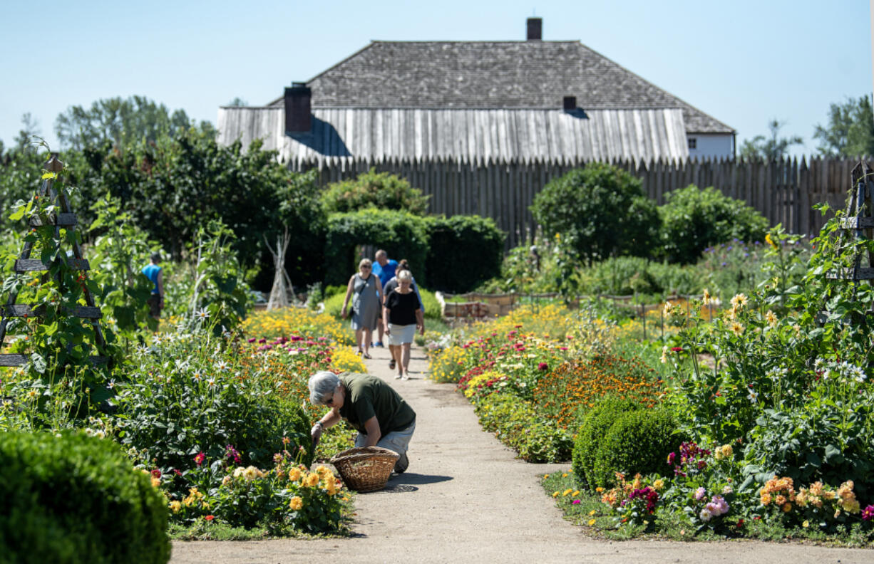 Volunteer Cheryl Riley works at the entrance to the Fort Vancouver National Historic Site garden as visitors enjoy the view.