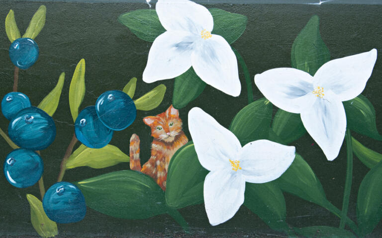 A Vancouver mural by artist Ana Honsowetz above Interstate 5 features friendly animals and scenes from nature.