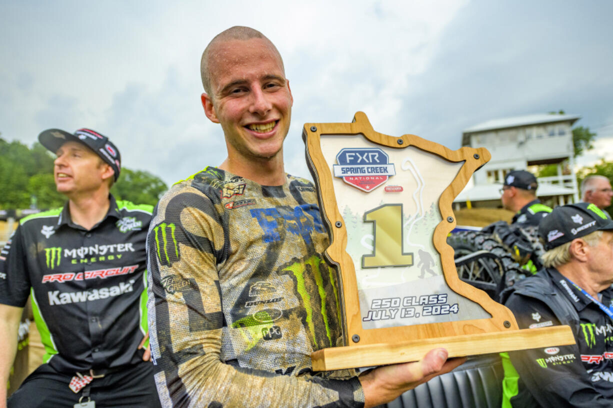 Levi Kitchen of Washougal celebrates after winning the 250 Class at the Spring Creek National in Millville, Minnesota on Saturday, July 13, 2024.