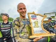 Levi Kitchen of Washougal celebrates after winning the 250 Class at the Spring Creek National in Millville, Minnesota on Saturday, July 13, 2024.