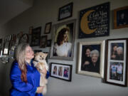 Family caregiver advocate Christina Keys remembers her mom, Patricia Keys, while looking at her portrait in the front hallway of her Vancouver home Monday afternoon. Christina Keys quit her job 12 years ago to take care of her mother, who died in December 2022. More than 120 organizations and advocates for workers have launched a statewide campaign to defeat ballot Initiative 2124, which would make opting into the long-term care coverage tax voluntary. Also pictured is her mom&rsquo;s service dog, Puddy, 13. &ldquo;You weren&rsquo;t a burden,&rdquo; she said to her late mother.