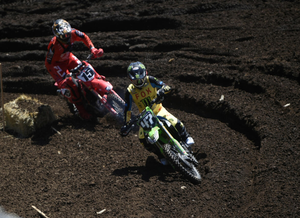 Levi Kitchen (47), from Washougal, rides through some practice laps in preparation for the Washougal National pro motocross event at Washougal Motocross on Friday, July 19, 2024.