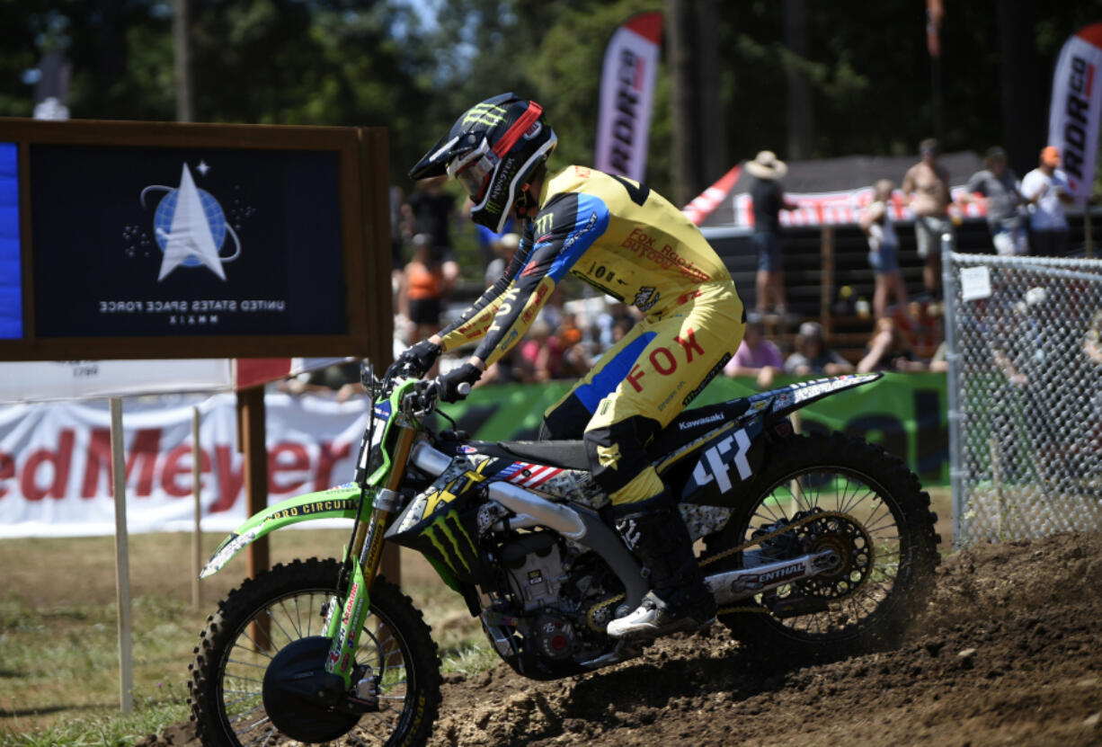 Levi Kitchen (47), from Washougal, rides through some practice laps in preparation for the Washougal National pro motocross event at Washougal Motocross on Friday, July 19, 2024.