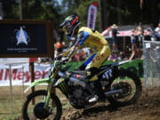 Levi Kitchen (47), from Washougal, rides through some practice laps in preparation for the Washougal National pro motocross event at Washougal Motocross on Friday, July 19, 2024.