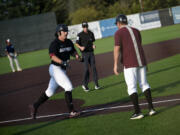 Hunter Katschke of the Ridgefield Raptors rounds the bases after hitting a two-run home run against the Victoria HarbourCats in a West Coast League game at the Ridgefield Outdoor Recreation Center on Saturday, July 20, 2024 (Tim Martinez/The Columbian)