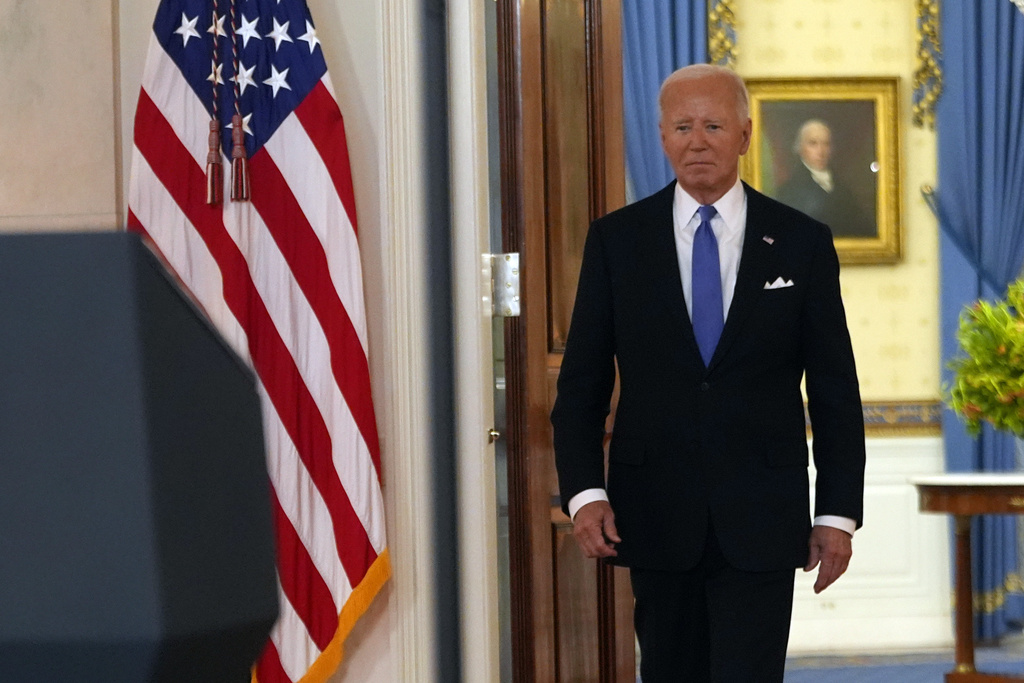 President Joe Biden arrives to speak in the Cross Hall of the White House Monday, July 1, 2024, in Washington.