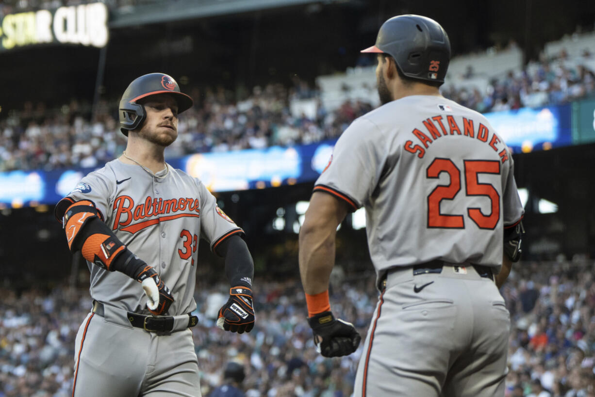Baltimore Orioles' Ryan O'Hearn celebrates with Anthony Santander after hitting a solo home run during the fifth inning of a baseball game against the Seattle Mariners, Wednesday, July 3, 2024, in Seattle.