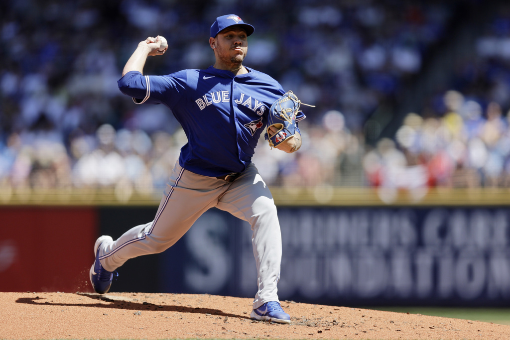 Toronto Blue Jays starting pitcher Yariel Rodríguez throws against the Seattle Mariners during the second inning in a baseball game, Saturday, July 6, 2024, in Seattle.