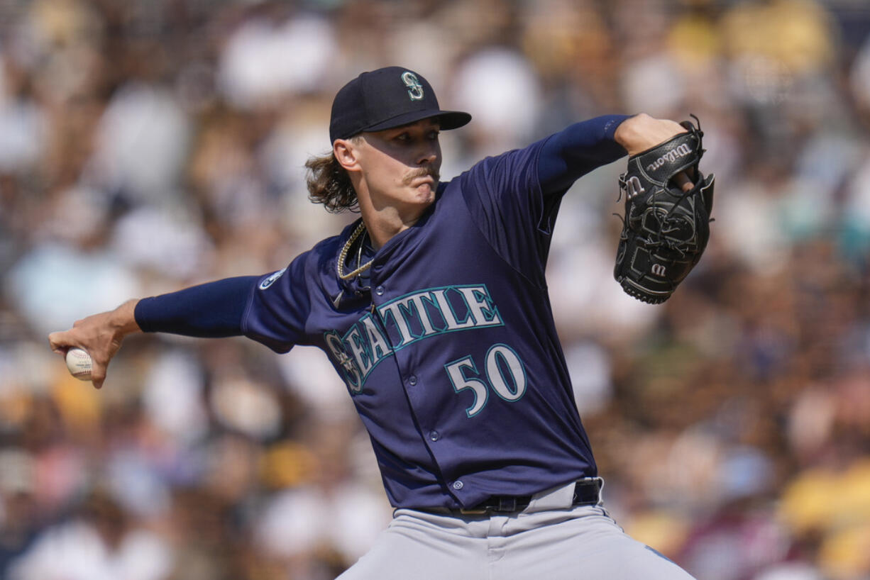 Seattle Mariners starting pitcher Bryce Miller works against a San Diego Padres batter during the second inning of a baseball game Wednesday, July 10, 2024, in San Diego.