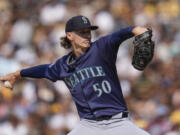 Seattle Mariners starting pitcher Bryce Miller works against a San Diego Padres batter during the second inning of a baseball game Wednesday, July 10, 2024, in San Diego.