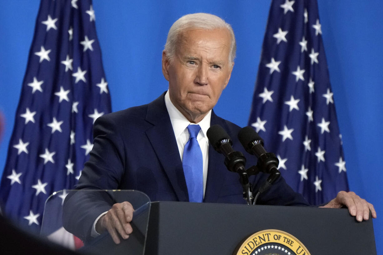 FILE - President Joe Biden speaks at a news conference July 11, 2024, in Washington. President Joe Biden dropped out of the 2024 race for the White House on Sunday, July 21, ending his bid for reelection following a disastrous debate with Donald Trump that raised doubts about his fitness for office just four months before the election.