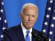 FILE - President Joe Biden speaks at a news conference July 11, 2024, in Washington. President Joe Biden dropped out of the 2024 race for the White House on Sunday, July 21, ending his bid for reelection following a disastrous debate with Donald Trump that raised doubts about his fitness for office just four months before the election.