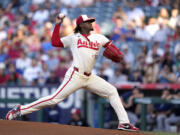 Los Angeles Angels starting pitcher Jose Soriano throws to the plate during the first inning of a baseball game against the Seattle Mariners Saturday, July 13, 2024, in Anaheim, Calif. (AP Photo/Mark J.