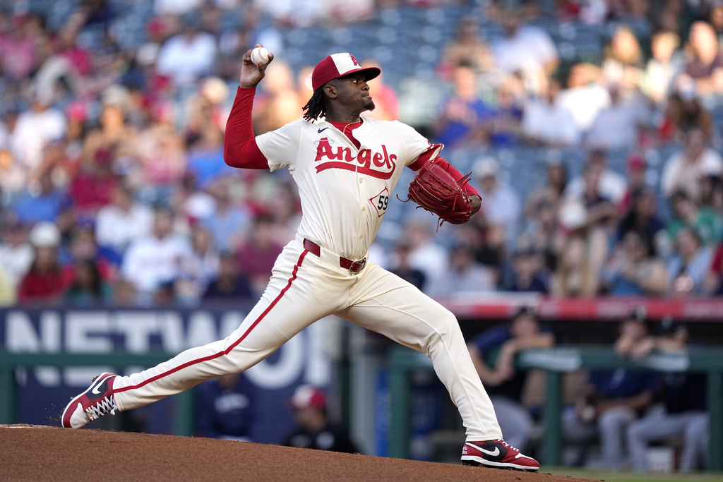 Los Angeles Angels starting pitcher Jose Soriano throws to the plate during the first inning of a baseball game against the Seattle Mariners Saturday, July 13, 2024, in Anaheim, Calif. (AP Photo/Mark J.