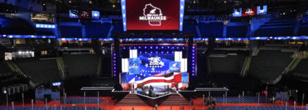 A general view during rehearsals at the 2024 Republican National Convention at the Fiserv Forum, Sunday, July 14, 2024, in Milwaukee.