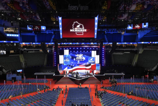 A general view during rehearsals at the 2024 Republican National Convention at the Fiserv Forum, Sunday, July 14, 2024, in Milwaukee.