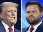 FILE - This combo image shows Republican presidential candidate former President Donald Trump, left, March 9, 2024 and Republican vice presidential candidate Sen. JD Vance, R-Ohio, right, Aug. 5, 2022.  Trump says Vance will be his vice presidential pick. He says on his Truth Social Network that, “After lengthy deliberation and thought, and considering the tremendous talents of many others, I have decided that the person best suited to assume the position of Vice President of the United States is Senator J.D.