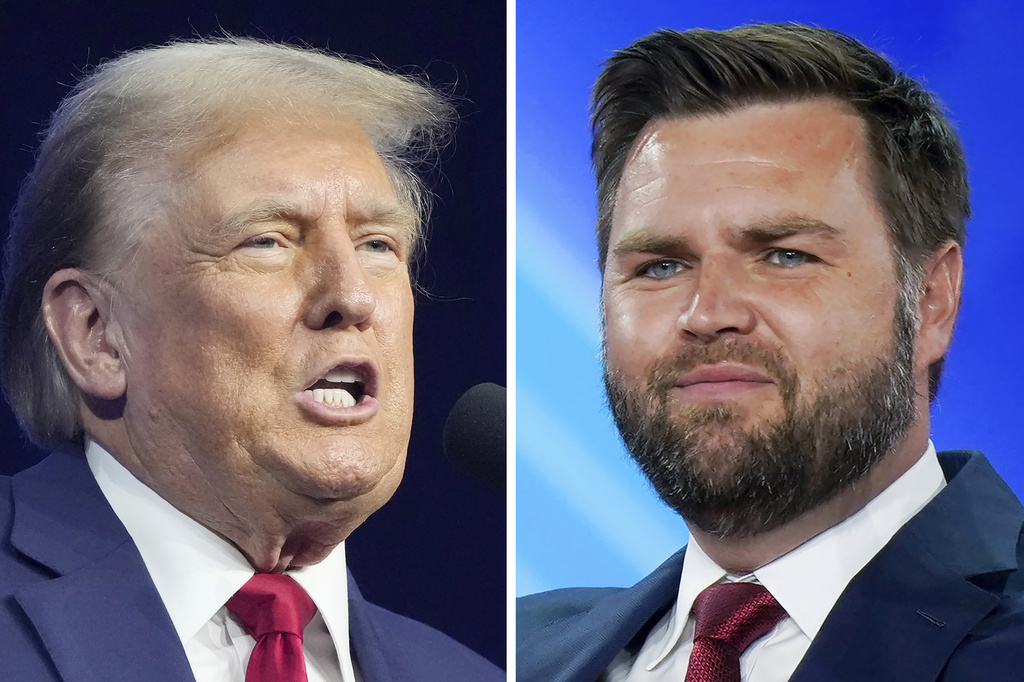 FILE - This combo image shows Republican presidential candidate former President Donald Trump, left, March 9, 2024 and Republican vice presidential candidate Sen. JD Vance, R-Ohio, right, Aug. 5, 2022.  Trump says Vance will be his vice presidential pick. He says on his Truth Social Network that, “After lengthy deliberation and thought, and considering the tremendous talents of many others, I have decided that the person best suited to assume the position of Vice President of the United States is Senator J.D.