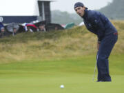 Billy Horschel of the United States reacts after missing a birdie putt on the 12th green during his third round of the British Open Golf Championships at Royal Troon golf club in Troon, Scotland, Saturday, July 20, 2024.