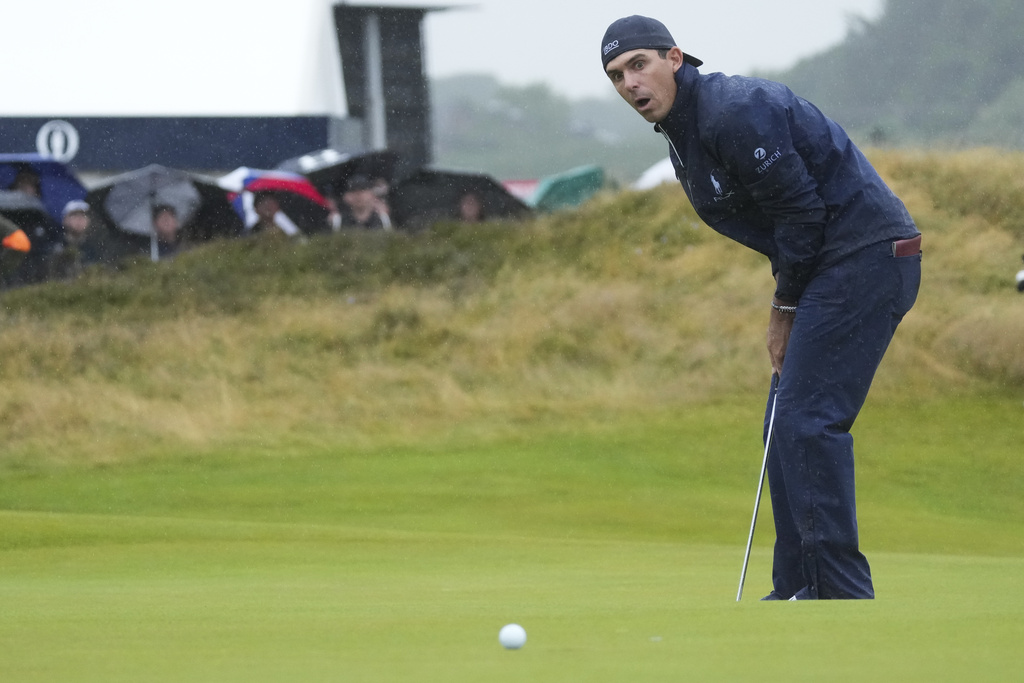 Billy Horschel of the United States reacts after missing a birdie putt on the 12th green during his third round of the British Open Golf Championships at Royal Troon golf club in Troon, Scotland, Saturday, July 20, 2024.