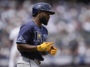 Tampa Bay Rays' Randy Arozarena reacts after hitting a solo home run during the fourth inning of the baseball game against the New York Yankees at Yankee Stadium Sunday, July 21, 2024, in New York.