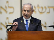 Israeli Prime Minister Benjamin Netanyahu speaks during a memorial service for former U.S. Sen. Joseph Lieberman, D-Ct., Wednesday, July 24, 2024, at the Washington Hebrew Congregation, in Washington.