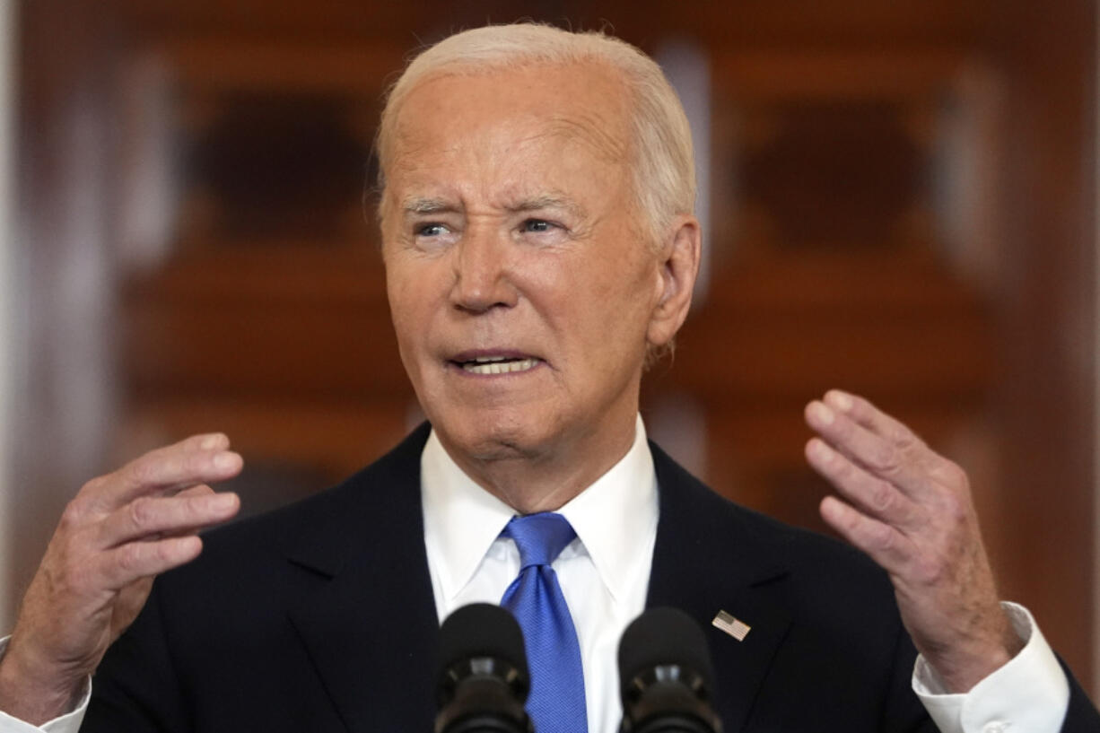 President Joe Biden speaks in the Cross Hall of the White House Monday, July 1, 2024, in Washington.