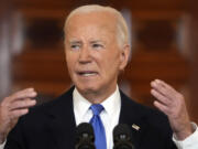 President Joe Biden speaks in the Cross Hall of the White House Monday, July 1, 2024, in Washington.