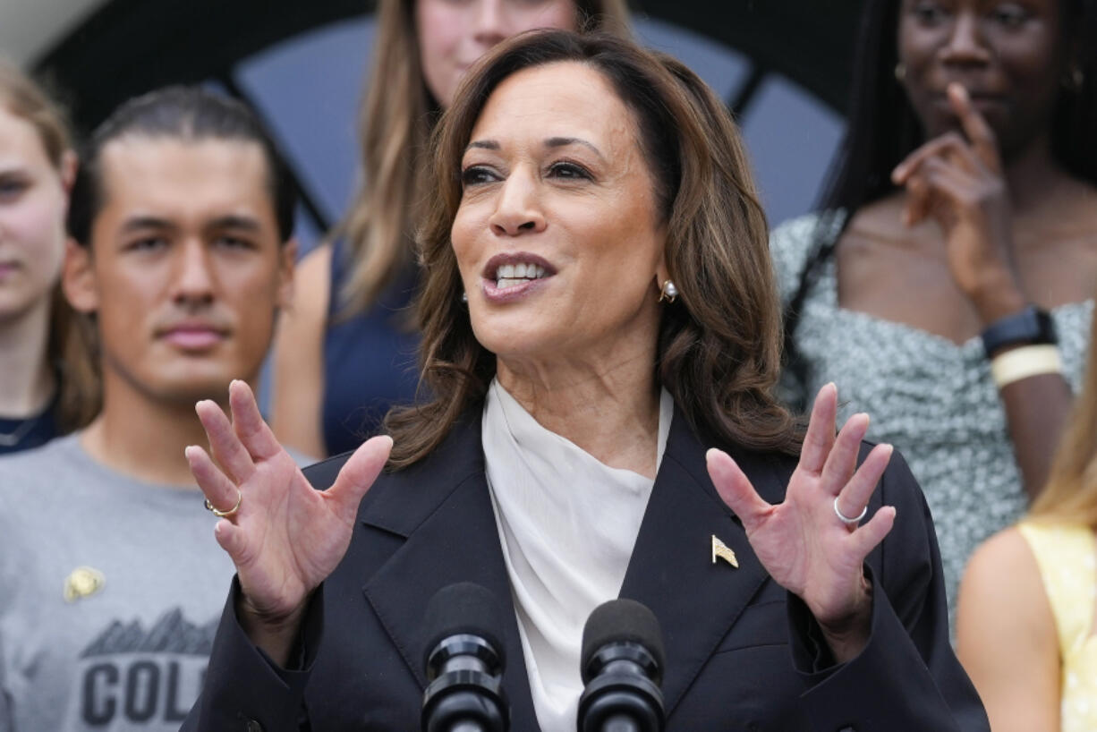 Vice President Kamala Harris speaks from the South Lawn of the White House in Washington, Monday, July 22, 2024, during an event with NCAA college athletes. This is her first public appearance since President Joe Biden endorsed her to be the next presidential nominee of the Democratic Party.