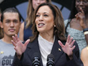 Vice President Kamala Harris speaks from the South Lawn of the White House in Washington, Monday, July 22, 2024, during an event with NCAA college athletes. This is her first public appearance since President Joe Biden endorsed her to be the next presidential nominee of the Democratic Party.