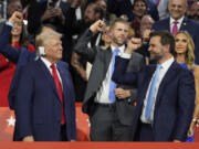 Republican presidential candidate former President Donald Trump appears with vice presidential candidate JD Vance, R-Ohio, during the Republican National Convention, Monday, July 15, 2024, in Milwaukee.