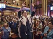 Rabbi Sharon Kleinbaum sings during her last service June 28 at the Masonic Hall in New York. After leading the nation&rsquo;s largest LGBTQ+ synagogue through the myriad ups and downs of the modern gay-rights movement for the last three decades, she is now stepping down from that role and shifting into retirement.