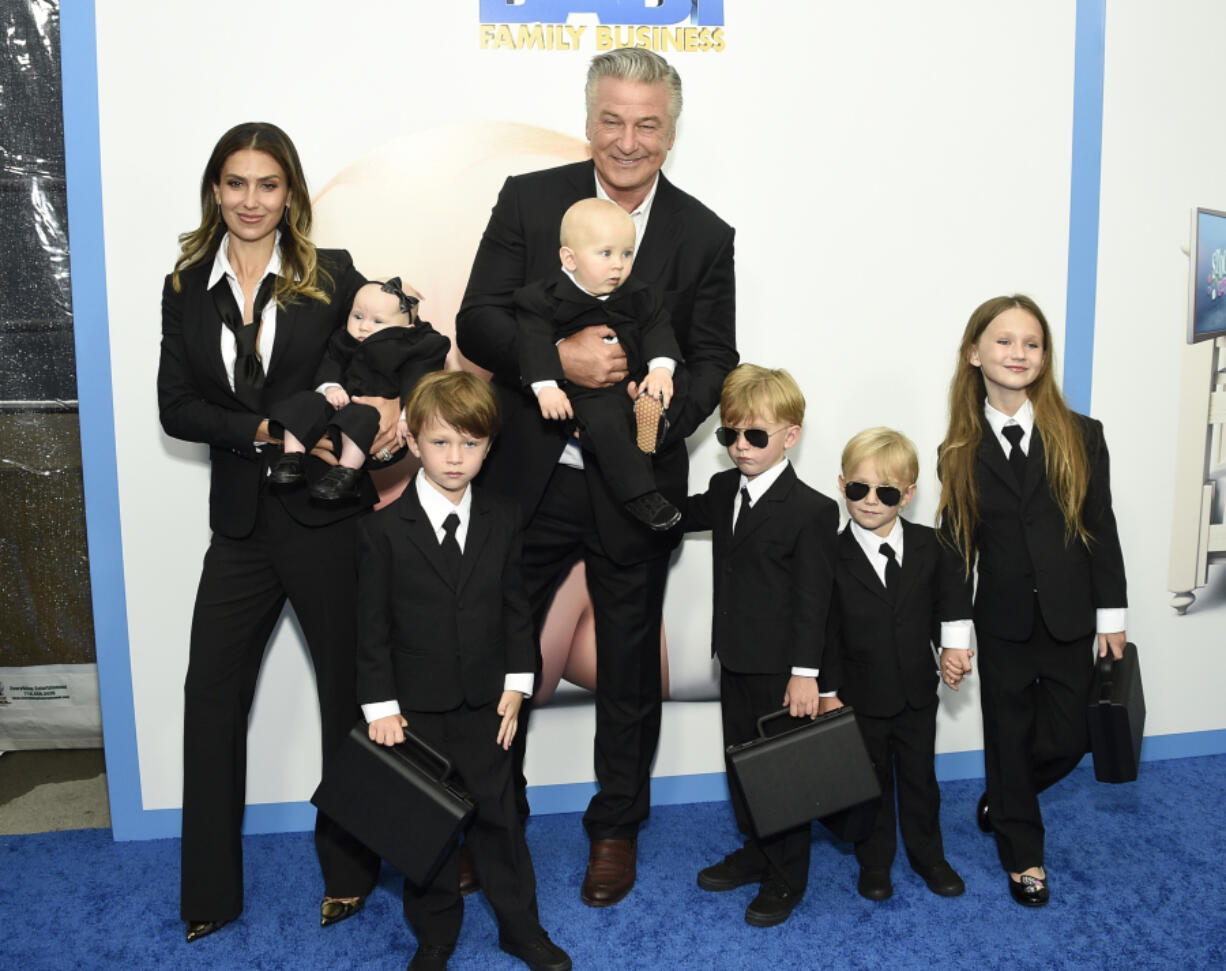 Alec Baldwin, center, poses with his wife, Hilaria Baldwin, and their children at the world premiere of &ldquo;The Boss Baby: Family Business&rdquo; on June 22, 2021, in New York.