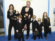 Alec Baldwin, center, poses with his wife, Hilaria Baldwin, and their children at the world premiere of &ldquo;The Boss Baby: Family Business&rdquo; on June 22, 2021, in New York.