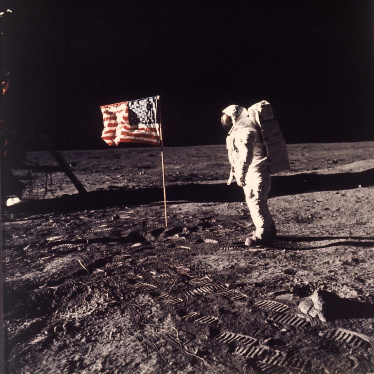 FILE - In this photo provided by NASA, astronaut Edwin &ldquo;Buzz&rdquo; Aldrin poses for a photograph beside the U.S. flag deployed on the moon during the Apollo 11 mission on July 20, 1969.