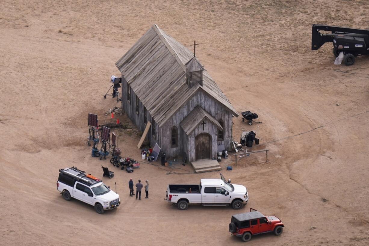 FILE - This aerial photo shows the movie set of &ldquo;Rust,&rdquo; at Bonanza Creek Ranch, Oct. 23, 2021, in Santa Fe, N.M. A New Mexico judge is considering an array of restrictions on evidence, testimony and arguments ahead of a trial for Alec Baldwin. The Monday, July 8, 2024, pretrial hearing sets the stage for Baldwin to appear in court this week on a single charge of involuntary manslaughter in the death of a cinematographer. (AP Photo/Jae C.