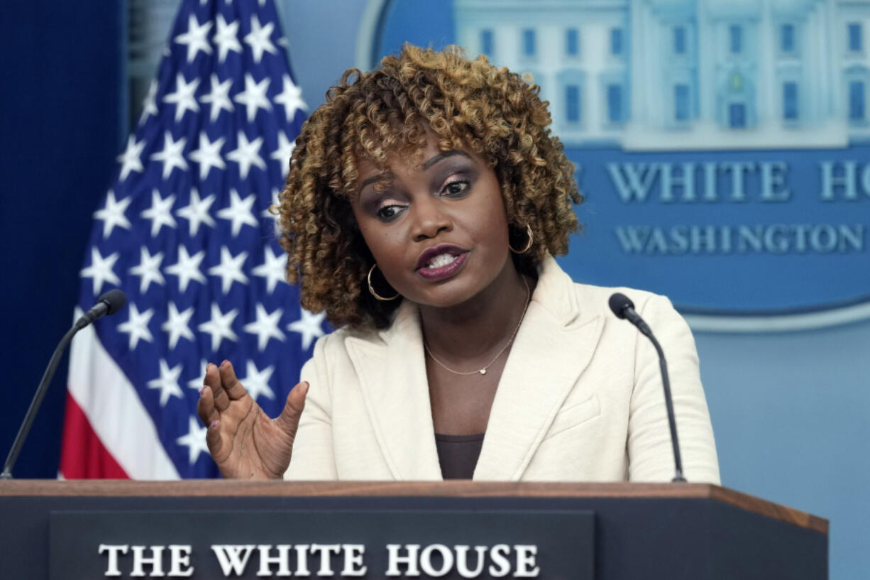 White House press secretary Karine Jean-Pierre speaks during the daily briefing at the White House in Washington, Tuesday, June 18, 2024.