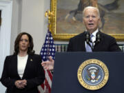 President Joe Biden speaks from the Roosevelt Room of the White House in Washington, Sunday, about the apparent assassination attempt of former President Donald Trump at a campaign rally in Pennsylvania, as Vice President Kamala Harris listens.