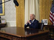 President Joe Biden addresses the nation from the Oval Office of the White House in Washington, Sunday, July 14, 2024, about the assassination attempt of Republican presidential candidate former President Donald Trump at a campaign rally in Pennsylvania.