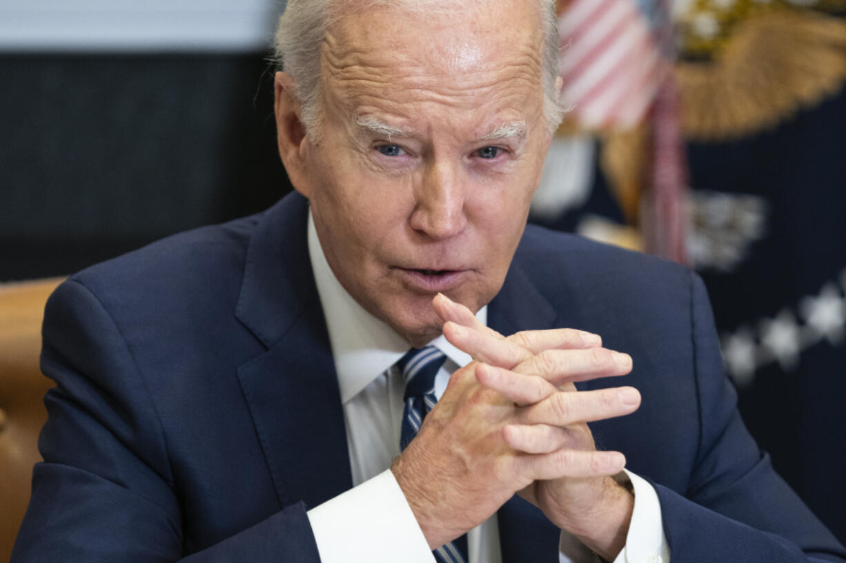 FILE - President Joe Biden speaks during a meeting on combating fentanyl, in the Roosevelt Room of the White House, Nov. 21, 2023, in Washington. Biden is calling on Congress to do more to reduce the flow of fentanyl into the United States. The new push comes just as former President Donald Trump steps up attacks against Vice President Kamala Harris.