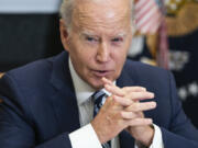 FILE - President Joe Biden speaks during a meeting on combating fentanyl, in the Roosevelt Room of the White House, Nov. 21, 2023, in Washington. Biden is calling on Congress to do more to reduce the flow of fentanyl into the United States. The new push comes just as former President Donald Trump steps up attacks against Vice President Kamala Harris.