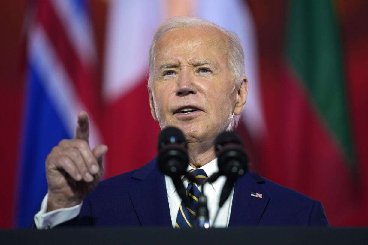 President Joe Biden delivers remarks on the 75th anniversary of NATO at the Andrew W. Mellon Auditorium, Tuesday, July 9, 2024, in Washington. The Biden administration is imposing tariffs on steel and aluminum shipped from Mexico that were made elsewhere. It&rsquo;s an attempt to stop China from avoiding import taxes by routing goods through one of the United States&rsquo; closest trading partners.