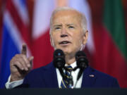 President Joe Biden delivers remarks on the 75th anniversary of NATO at the Andrew W. Mellon Auditorium, Tuesday, July 9, 2024, in Washington. The Biden administration is imposing tariffs on steel and aluminum shipped from Mexico that were made elsewhere. It&rsquo;s an attempt to stop China from avoiding import taxes by routing goods through one of the United States&rsquo; closest trading partners.