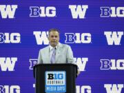 Washington head coach Jedd Fisch speaks during an NCAA college football news conference at the Big Ten Conference media days at Lucas Oil Stadium, Thursday, July 25, 2024, in Indianapolis.