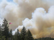 A plane drops fire retardant on the Park Fire near Forest Ranch, Calif., Sunday, July 28, 2024.