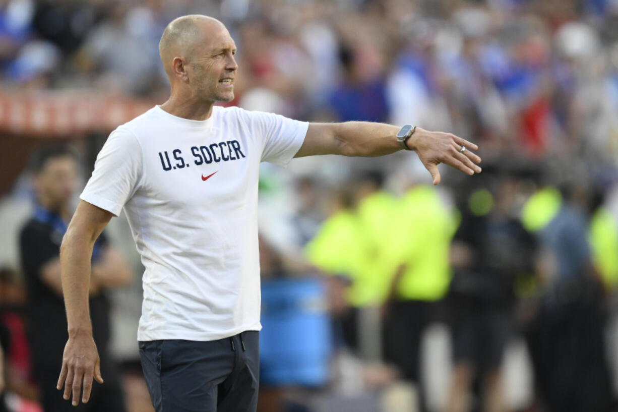 Coach Gregg Berhalter of the United States directs his players during a Copa America Group C soccer match against Uruguay in Kansas City, Mo., Monday, July 1, 2024.