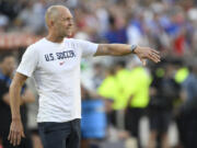 Coach Gregg Berhalter of the United States directs his players during a Copa America Group C soccer match against Uruguay in Kansas City, Mo., Monday, July 1, 2024.